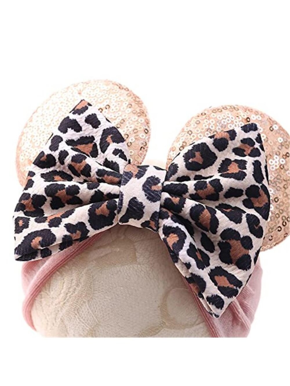 Baby Girl Mouse Ears Headband Pink Leopard Bow Velvet Elastic Hair Band Costume